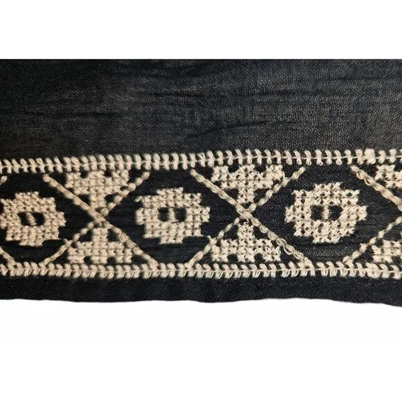 Margaret O'Leary Embroidered Navy Blue Cream Tassel Trim Scarf Shawl Wrap Boho